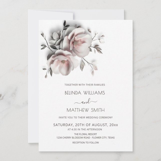 Convites Blush White Textured Roses Simple Wedding (Frente)