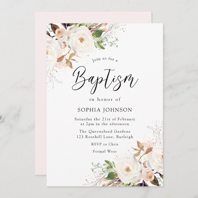 Convites Blush White Winter Forest Baptism (Frente/Verso)