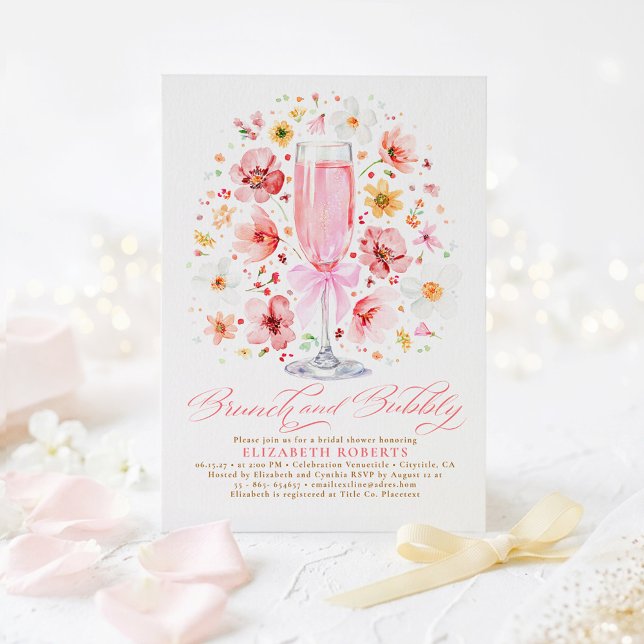 Convites Blush Wildflower Brunch and Bubbly Bridal Shower (Blush Pink Watercolor Flowers Brunch and Bubbly Bridal Shower Invitations)