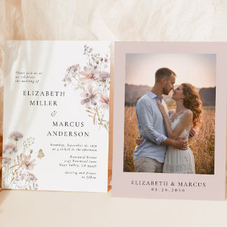 Convites Blush Wildflower Elegant Wedding Invitation