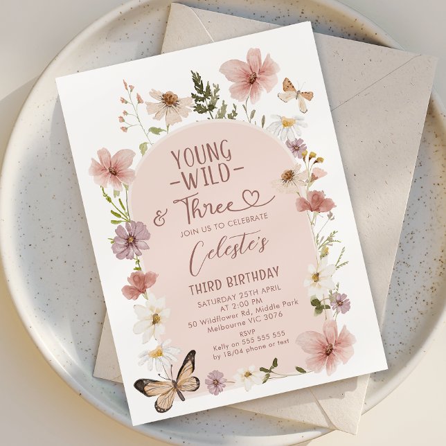 Convites Blush Wildflower Young Wild Three 3rd Birthday  (Young, Wild and Three Birthday Invitation Wildflowers, Wildflowers 3rd Birthday Invitation Template)
