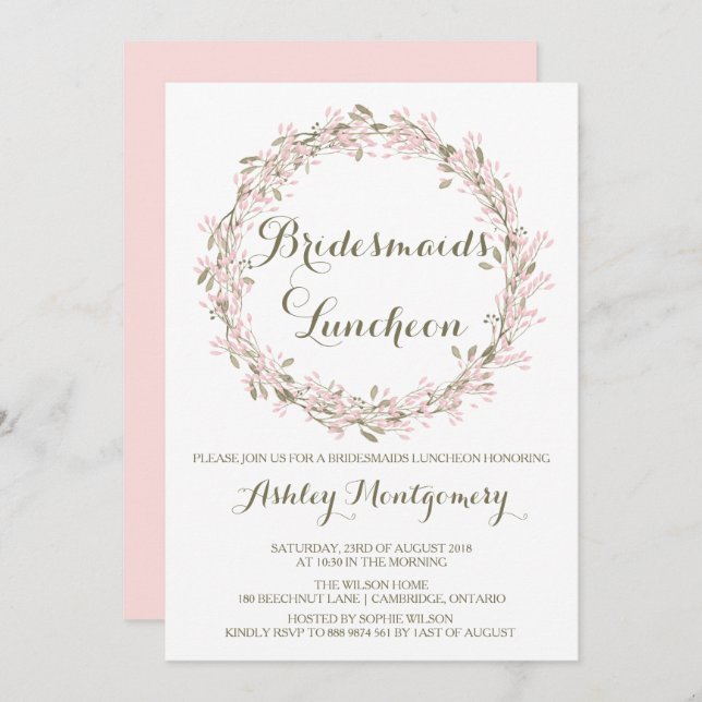 Convites Blush Winter Wreath Bridesmaids Luncheed Invite (Frente/Verso)