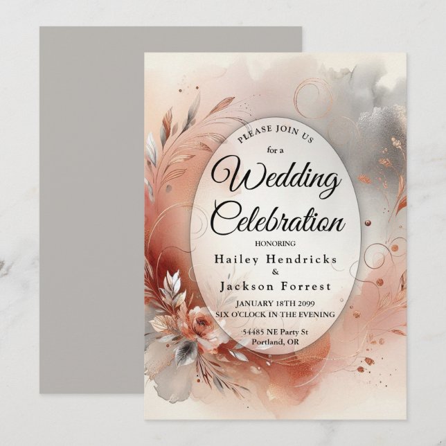 Convites Blushing Petals and Silver Swirls Wedding (Frente/Verso)