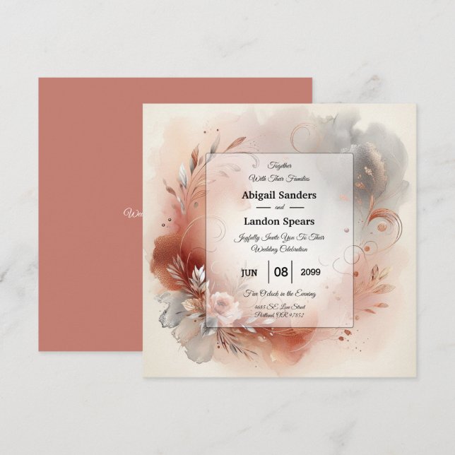 Convites Blushing Petals and Silver Swirls Wedding (Frente/Verso)