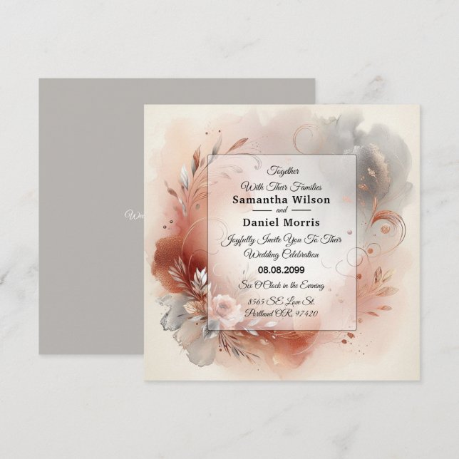 Convites Blushing Petals and Silver Swirls Wedding (Frente/Verso)