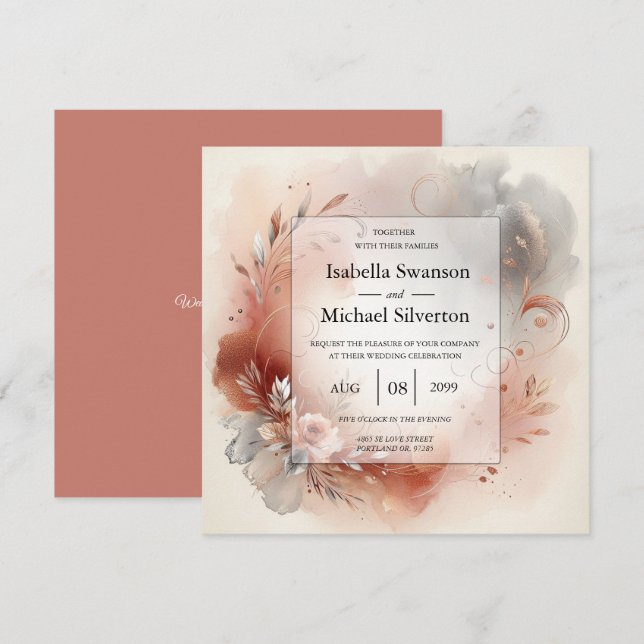 Convites Blushing Petals and Silver Swirls Wedding (Frente/Verso)