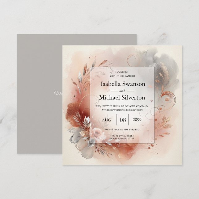 Convites Blushing Petals and Silver Swirls Wedding (Frente/Verso)