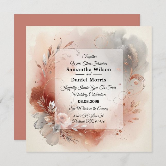 Convites Blushing Petals and Silver Swirls Wedding (Frente/Verso)