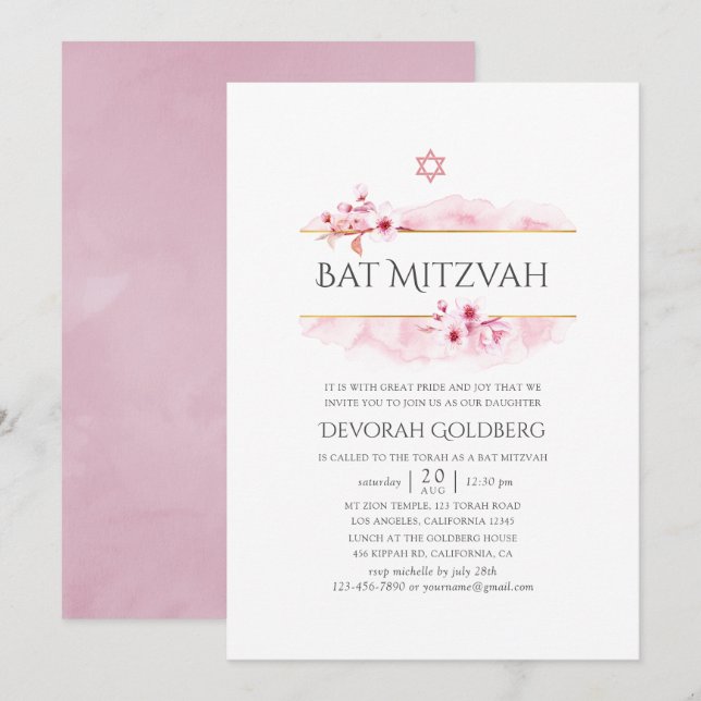 Convites B'nai Mitzvá de Flor de Cerejeira Rosa Geométrica (Frente/Verso)