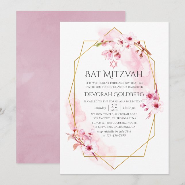 Convites B'nai Mitzvá de Flor de Cerejeira Rosa Geométrica (Frente/Verso)