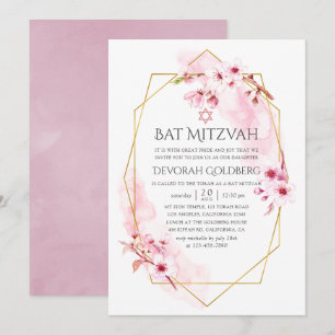 Convites B'nai Mitzvá de Flor de Cerejeira Rosa Geométrica