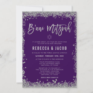 Convites B'nai Mitzvah Brilho Falso Prata Roxo
