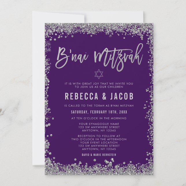 Convites B'nai Mitzvah Brilho Falso Prata Roxo (Frente)