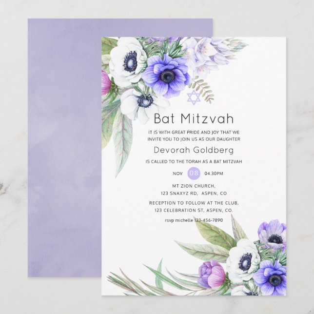 Convites B'nai Mitzvah Floral Violeta Pastel e Ameixa (Frente/Verso)