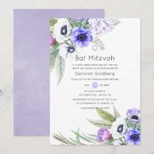 Convites B'nai Mitzvah Floral Violeta Pastel e Ameixa