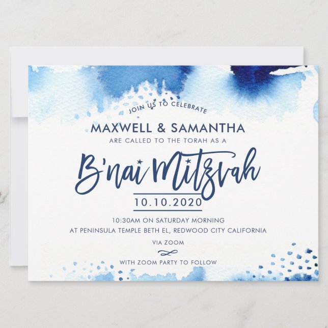Convites B'NAI MITZVAH INVITE Cores-d'água azuis com letra  (Frente)