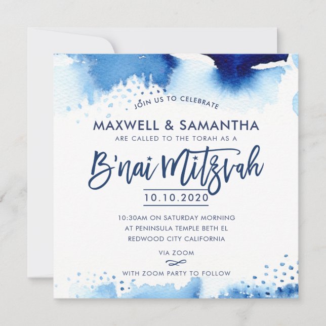 Convites B'NAI MITZVAH INVITE Cores-d'água azuis com letra  (Frente)