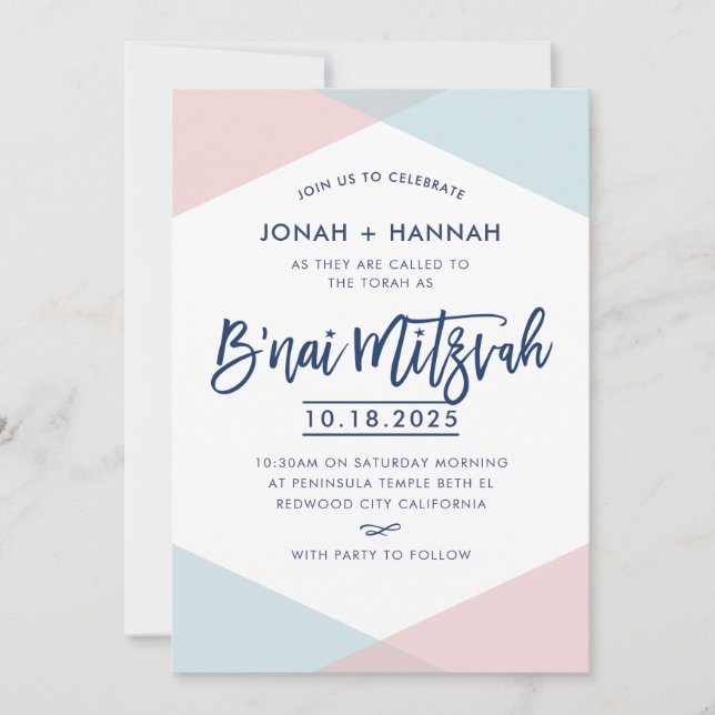 Convites B'NAI MITZVAH modern minimal script blue pink (Frente)