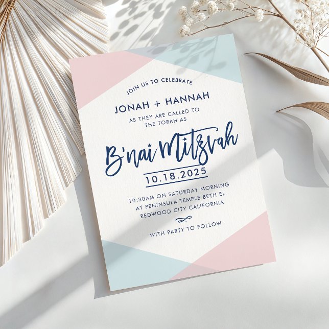 Convites B'NAI MITZVAH moderno script minimalista azul rosa (Criador carregado)