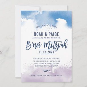 Convites B'NEI MITZVAH, cor de água azul e púrpura, manuscr