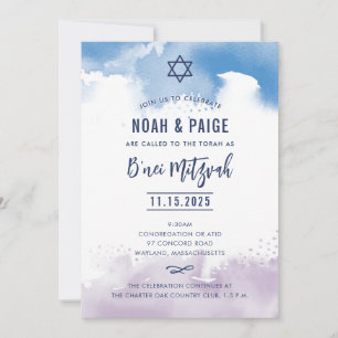Convites B'NEI MITZVAH script blue & rople watercolor 2