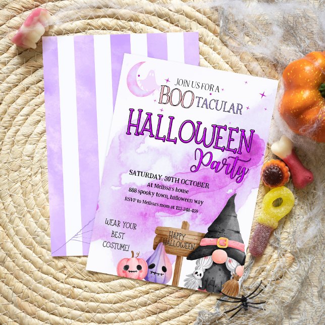 Convites BO roxo gnomo aquarela crianças de halloween (Criador carregado)