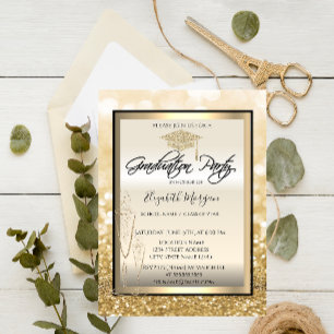 Convites Boa capa de formatura, Graduação Bokeh Dourado em