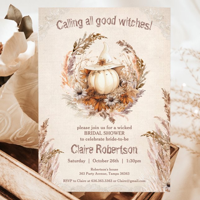 Convites Boa Festa de Chá de panela de Bruxas de Abóbora (Good Witch Pumpkin Halloween Boho Bridal Shower Invitation)