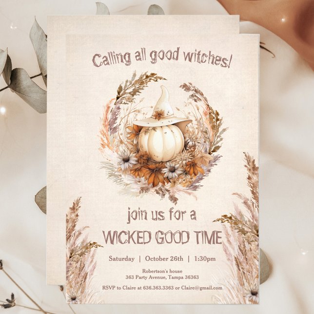Convites Boa Festa Noturna de Bruxas de Pumpkin Halloween (Good Witch Pumpkin Halloween Boho Girls Out Night or Birthday Invitation)