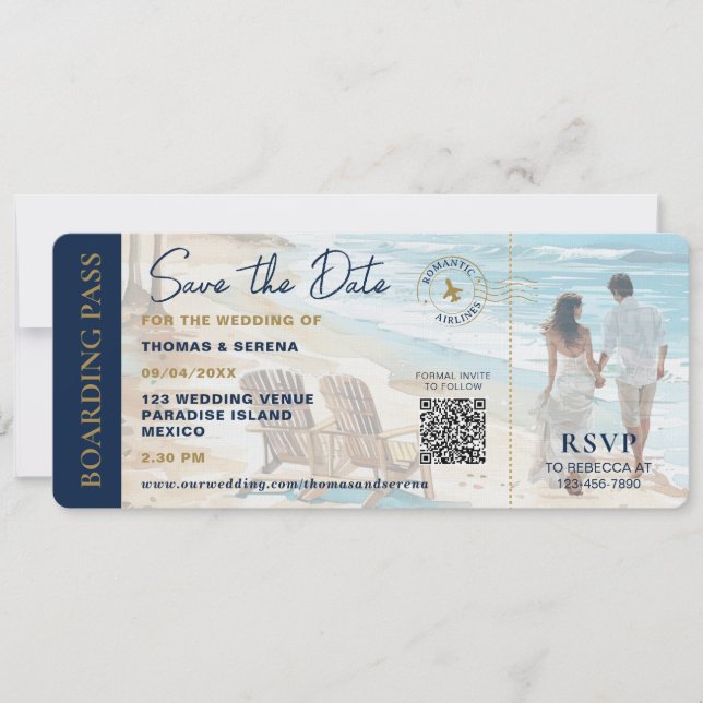 Convites Boarding Pass Beach Save The Date QR Code Wedding (Frente)