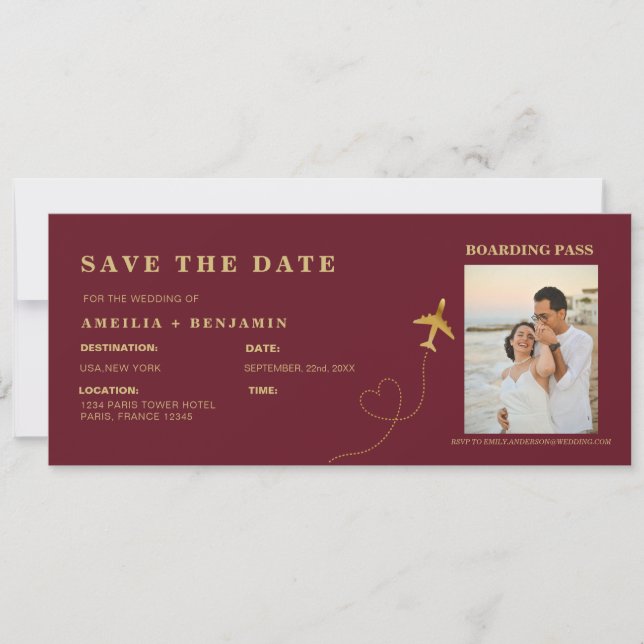 Convites Boarding Pass Save the Date | Destination Wedding  (Frente)