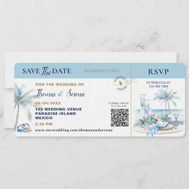 Convites Boarding Pass Tropical Destination QR Code Wedding (Frente)