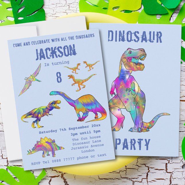 Convites Boas 8º Aniversário Dinossauro T Rex Roar Party Bl (Colorful dinosaur 8th birthday party invitation with T-Rex velociraptor stegosaurus brontosaurus )