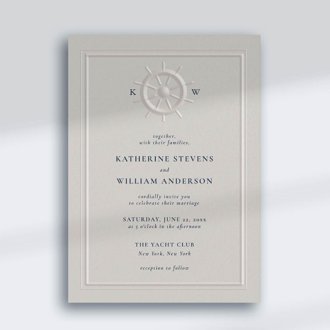 Convites Boat Helm Faux Casamento Chic de Quadro Clássico E (nautical beach yacht coastal ocean wedding invitation faux embossed boat helm pearl classic frame)