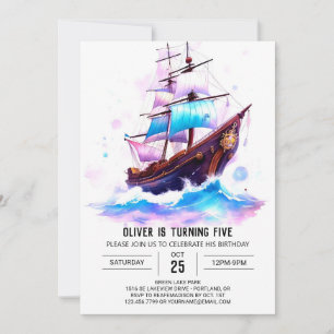 Convites Boat Watercolor — Brincadeira Pirata Aniversário