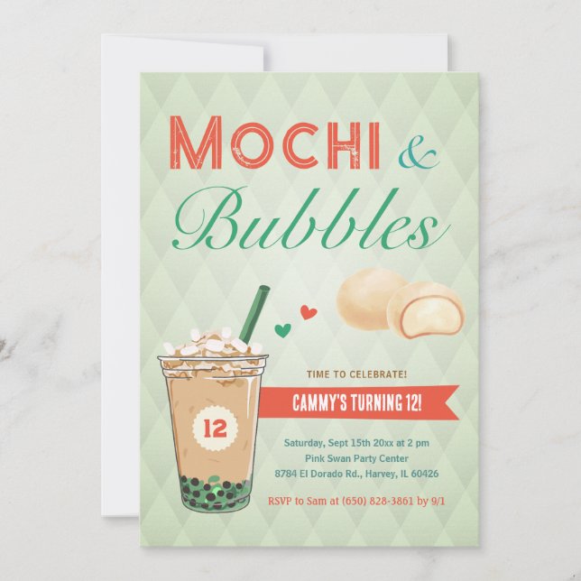 Convites Boba Bubble Tea Mochi Crianças Doces Adolescentes (Frente)