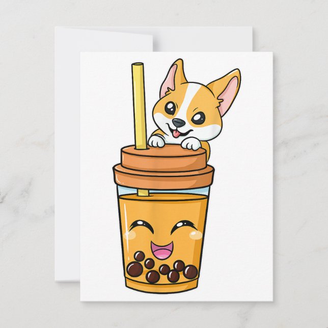 Convites Boba Tapioca Pérolas Bolhas Leite Tea Beber Corgi  (Frente)