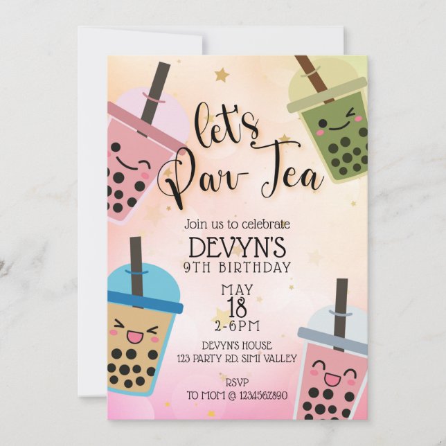 Convites Boba, Vamos Par-Tea, Boba Party, Boba Birthday (Frente)