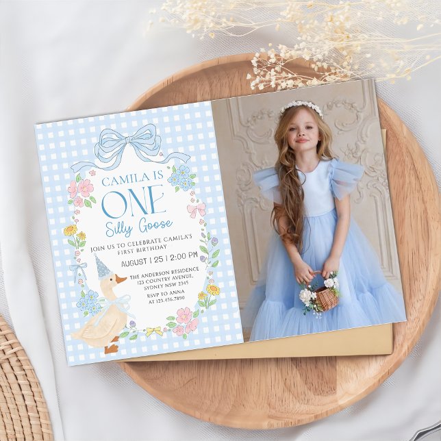 Convites Bobo Azul Ganso Floral Gingham Primeiro Aniversári (Criador carregado)