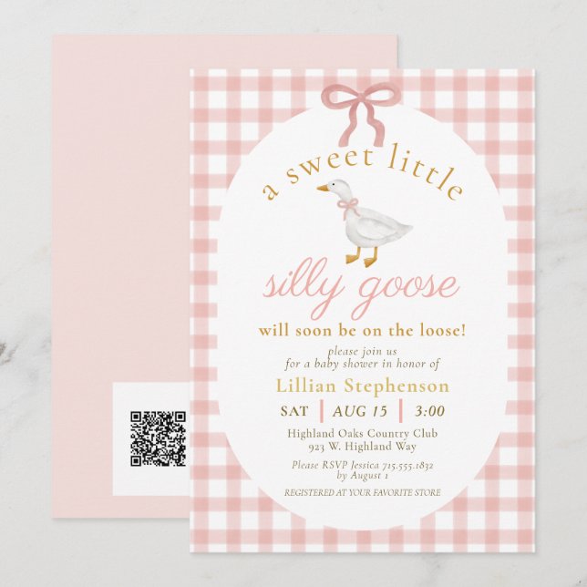 Convites Bobo Ganso Rosa Xadrez Baby Shower Código QR (Frente/Verso)