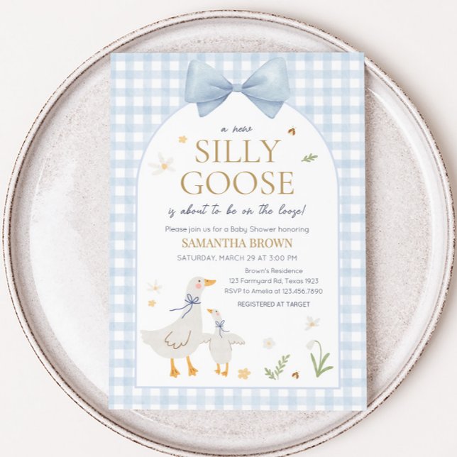 Convites Bobo Gingham  Chá de fraldas Ganso (Silly Goose Gingham Baby Shower Invitation)