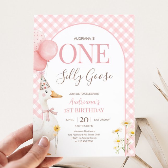 Convites Bobo Gingham Festa de aniversário Ganso (Pink Gingham Silly Goose Birthday Party Invitation)