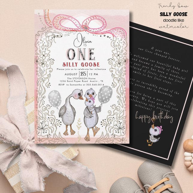 Convites Bobo Goose Família Rosa e primeiro aniversario Arc (Silly Goose Family Pink & Bow 1st Birthday Invitation)
