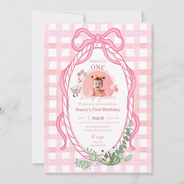 Convites Bobo Goose First Birthday Pink Photo Invitation (Frente)