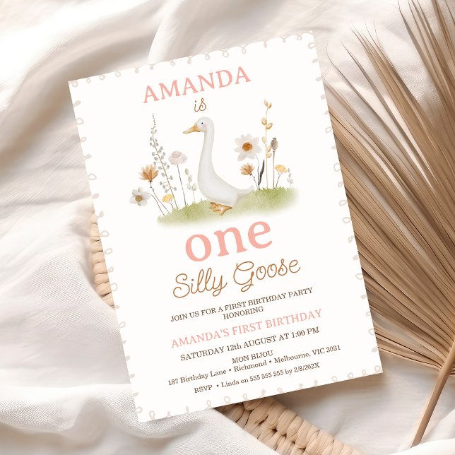 Convites Bobo Rustic Beige Floral One Goose primeiro aniver (Girls One Silly Goose 1st Birthday Invitation Template, Silly Goose Themed Birthday Invitation )