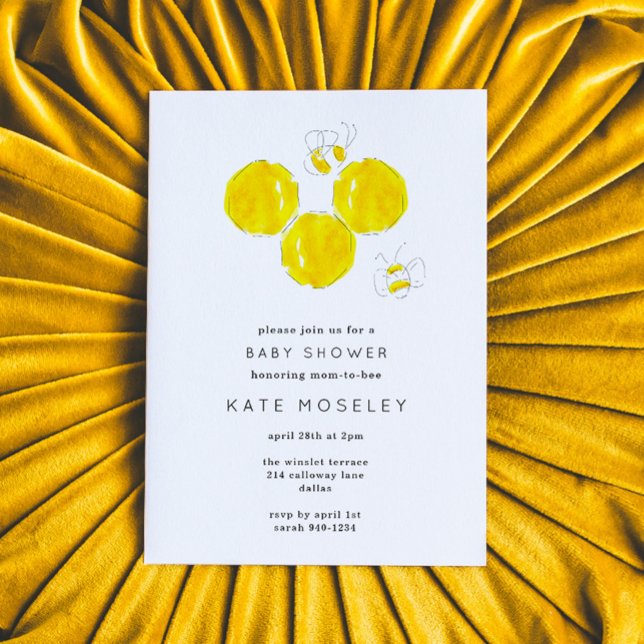 Convites Boca-zumbidaChá de fraldas de Honeycomb de Aquarel (Yellow watercolor buzzing bees Baby Shower invitation.)