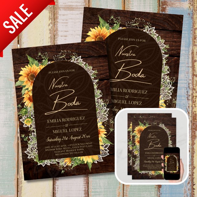 Convites Boda de Girasoles de Madera Rústica Bilingüe (Criador carregado)