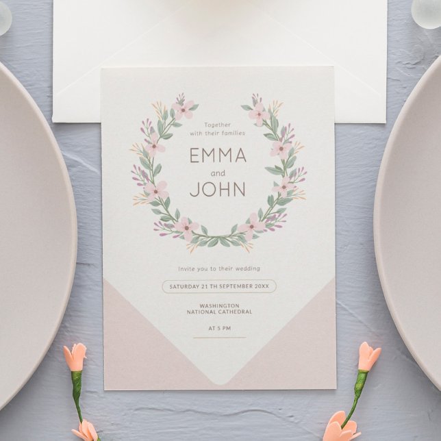 Convites Boda romántico rosa corona de flores silvestres (Criador carregado)
