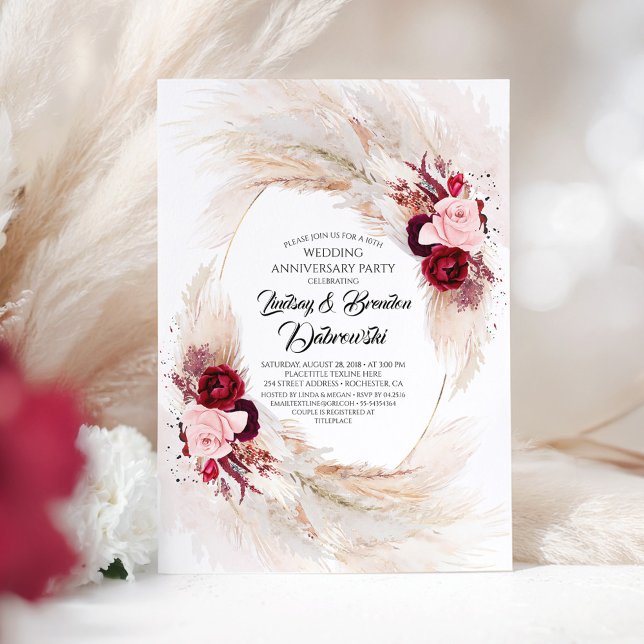 Convites Bodas de Flores Burgundy de Pampas (Wedding Anniversary Invitation)