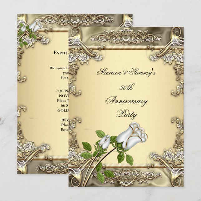Convites Bodas de Ouro Rosa Dourado (Frente/Verso)